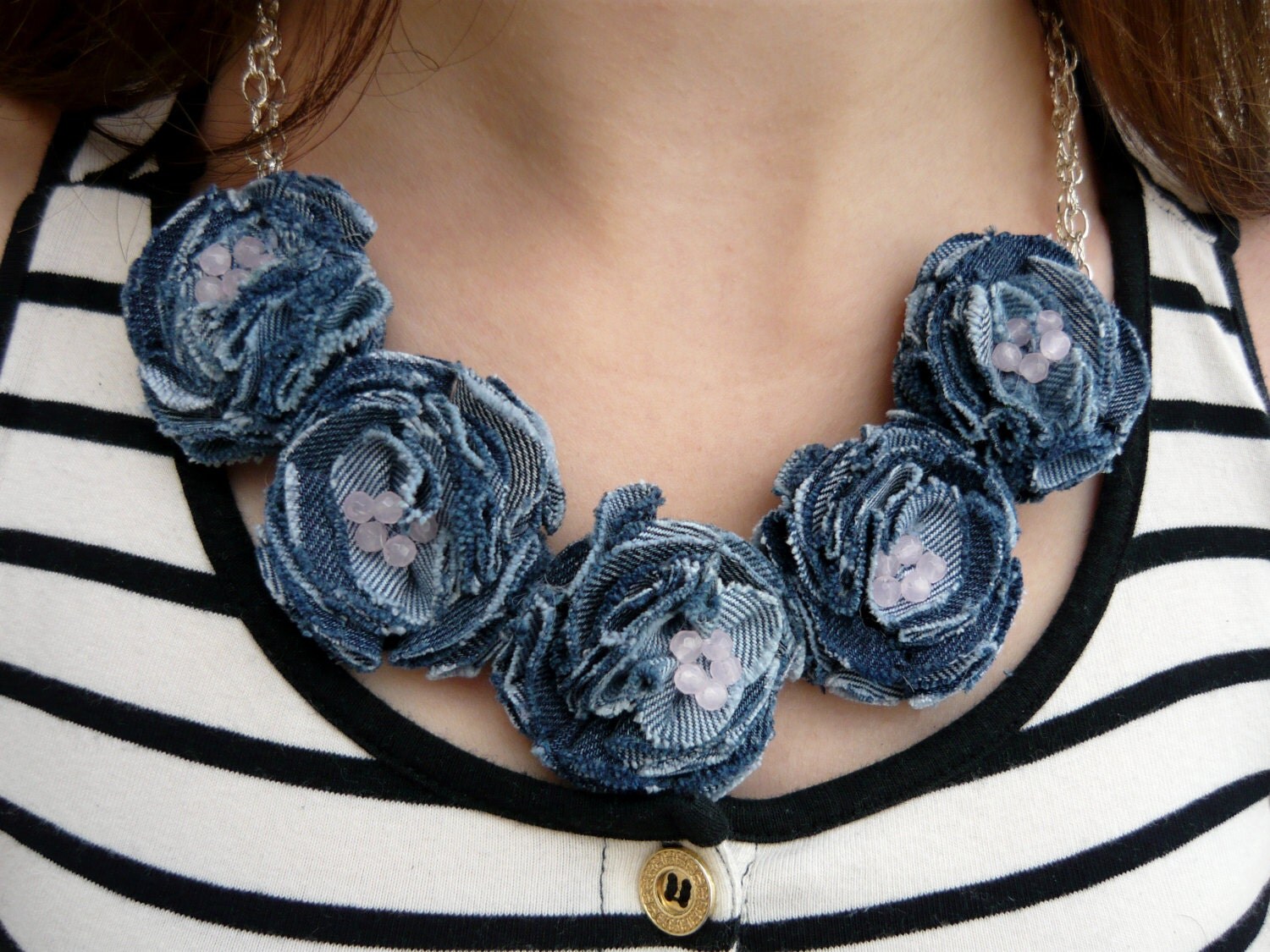 Statement necklace Denim jewelry Blue denim rose quartz