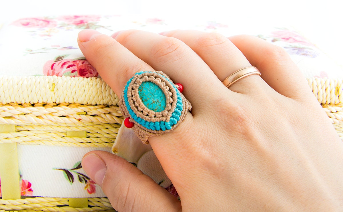 Macrame ring macrame jewelry ring with cabochon of tinted