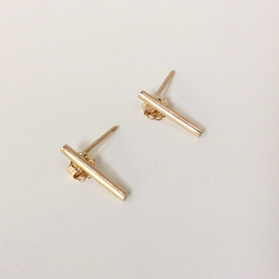 14K Solid Gold Bar Earrings Thick Bars 13mm x 1.6mm Simple