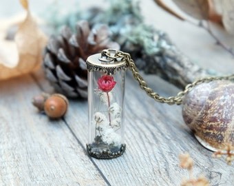 terrarium necklace, botanical jewelry, bridesmaid gift set, real flower glass bottle, bridal gift, daisy pendant, real flower terrarium