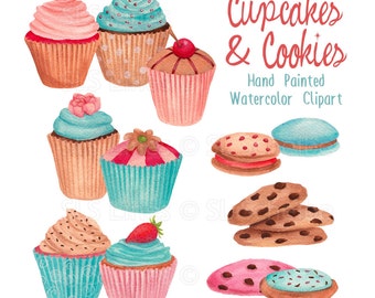 cupcake watercolor clipart, cookies graphic set, blue cupcakes, cakes and treats clip art handpainted graphics by SLS Lines