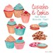cupcake watercolor clipart, cookies graphic set, blue cupcakes, cakes and treats clip art handpainted graphics by SLS Lines