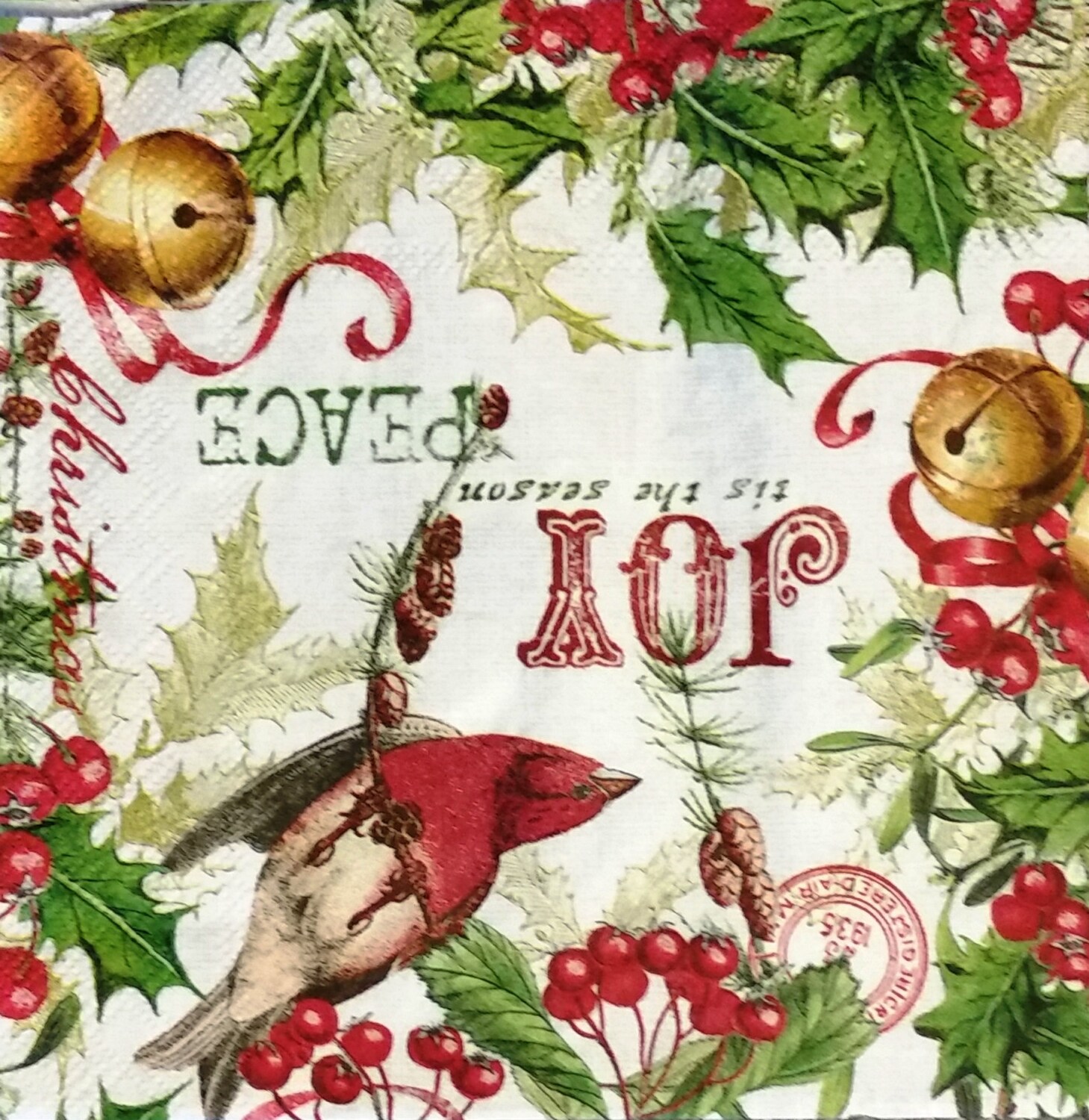 TWO 2 Joyous Christmas Luncheon Napkins for Decoupage and