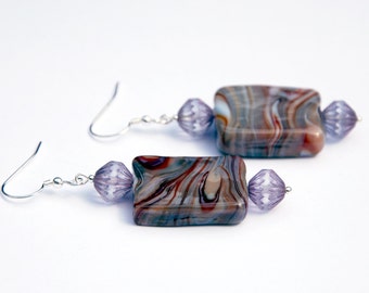 Lampwork glass earrings, swirl glass earring, geometric earrings, fluted czech glass beads, brown earrings, purple earrings, silver earrings