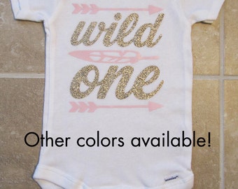 Wild One Birthday Onesie - girl first birthday shirt, arrow, feather, wild one shirt, pow wow, pink gold
