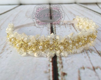 Newborn Headband Pearl Beaded Headband Gold & Ivory Headband Christening Headband Newborn Photo Prop Newborn Photo Shoot Thin Headband
