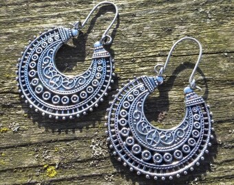 Silver Gypsy Boho Tribal Statement Earrings With Handmade Hypoallergenic Titanium Ear Wires - Hoop - Hoops - Hippy - Ethnic - Festival
