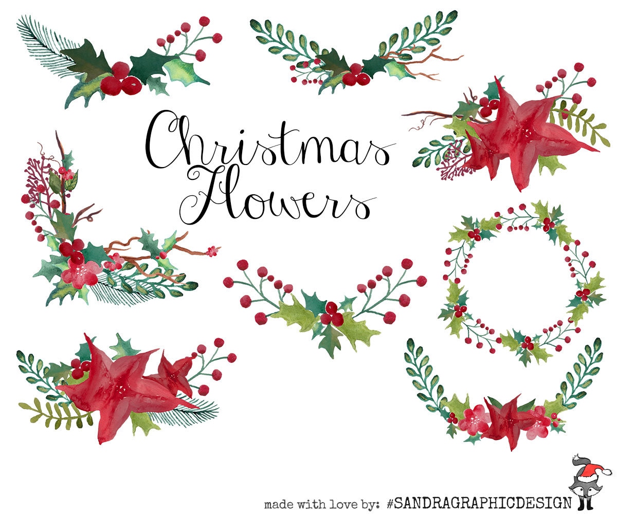 Christmas clip art: CHRISTMAS FLOWERS with 8 high