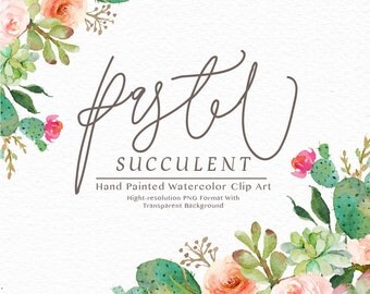 Watercolor succulent clip art -Pastel Succulent/rustic peach/Individual PNG files/Hand Painted/Wedding