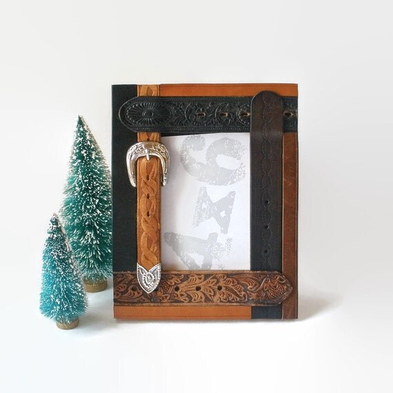 Leather Belt Picture Frame 4x6 Rustic Cowboy Tooled Belt Photo