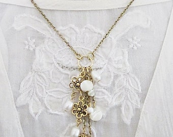 Tassel Necklace, Pearl Jewelry, Pearl Tassel Necklace, Pearl & Charm Cluster Necklace, Unique Pearl Necklace, Art Nouveau Necklace, Pearls