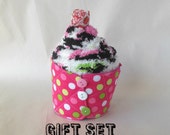 Sock Cupcake, Polka dot Coffee sleeve, Insulated Cup cozy, Fuzzy socks