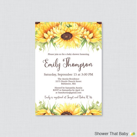 Sunflower Baby Shower Invitation Printable or Printed Yellow