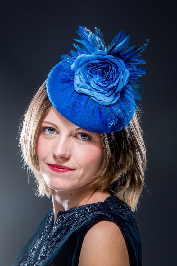 Pillbox fascinator blue fascinator hat feather headpiece