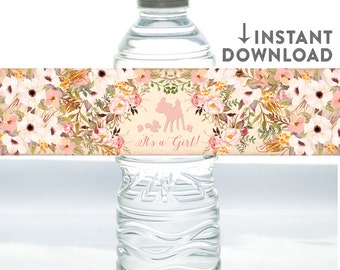 Water Label Printable 8.5x2" (5 Per Page) // Floral Printable Baby Girl Shower Decoration // INSTANT DOWNLOAD // Printable No.1096