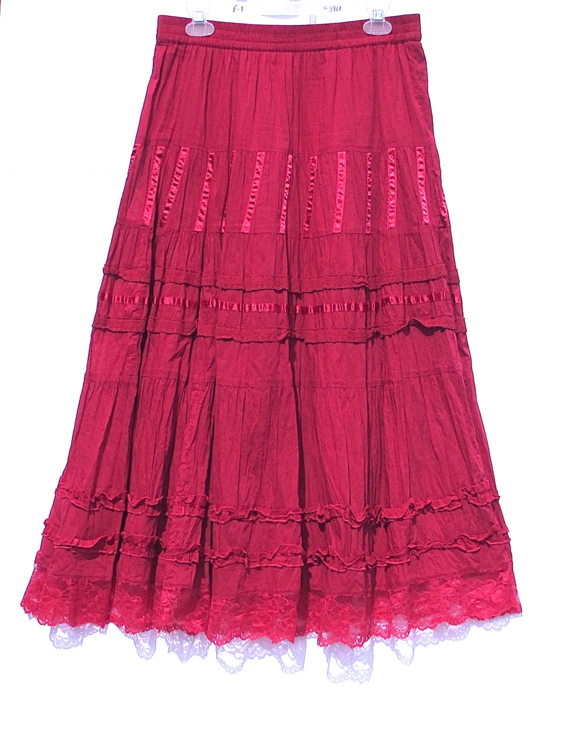 Tiered Broomstick Skirt Red Ruffles Ribbon Lace Size Medium
