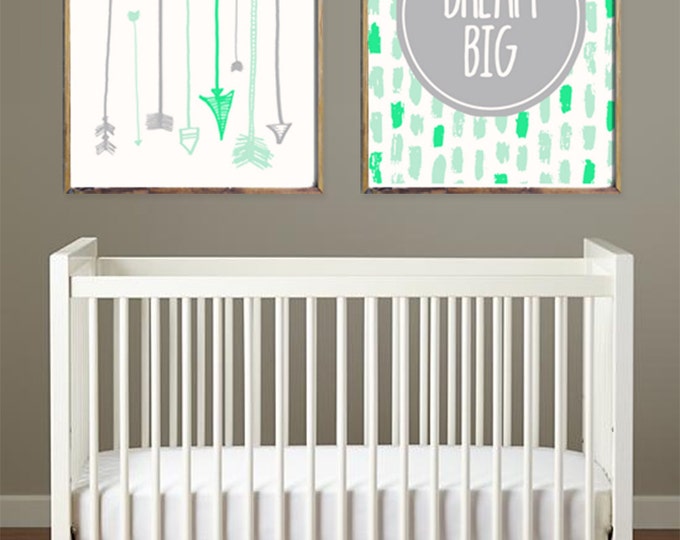 Baby Boy Nursery Room Decor - 2 Prints - Dream Big - Blue and Green