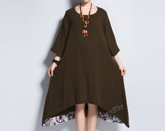 Anysize special hem design linen dress plus size dress plus