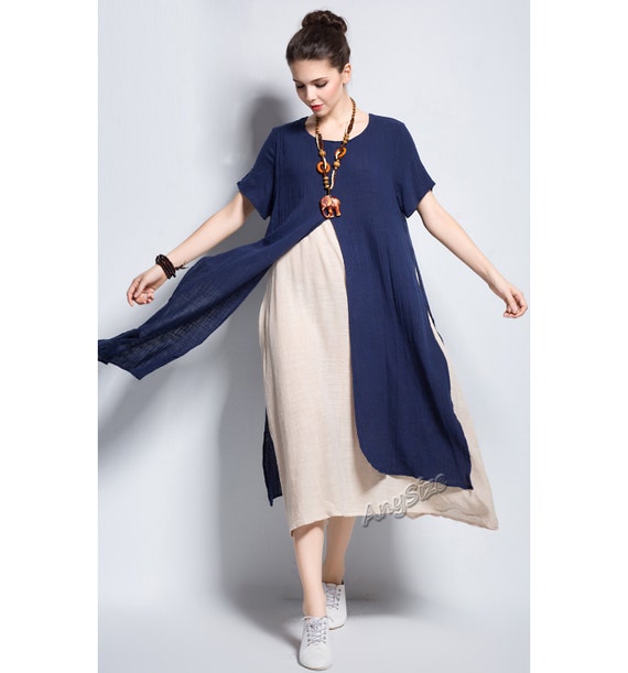 Anysize fake two piece slit design linen & cotton dress plus