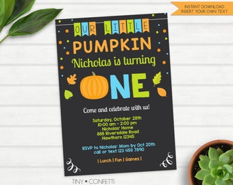 pumpkin birthday invitation, pumpkin first birthday invitation, fall birthday invitation, kids birthday, 1st birthday, little pumpkin