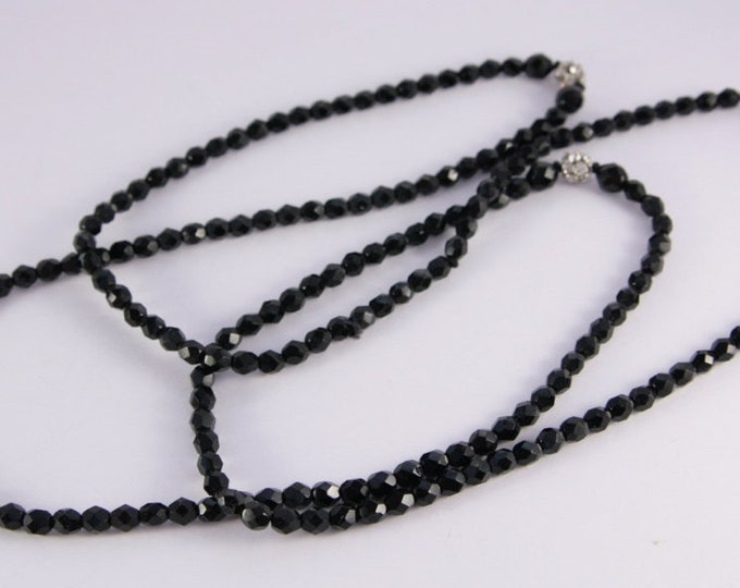 Flapper Necklace Black Glass Beaded 48" Long Totally Only Black Necklace Silver Rhinestone Beads Long Waist Length Jet Black Shiny Necklace