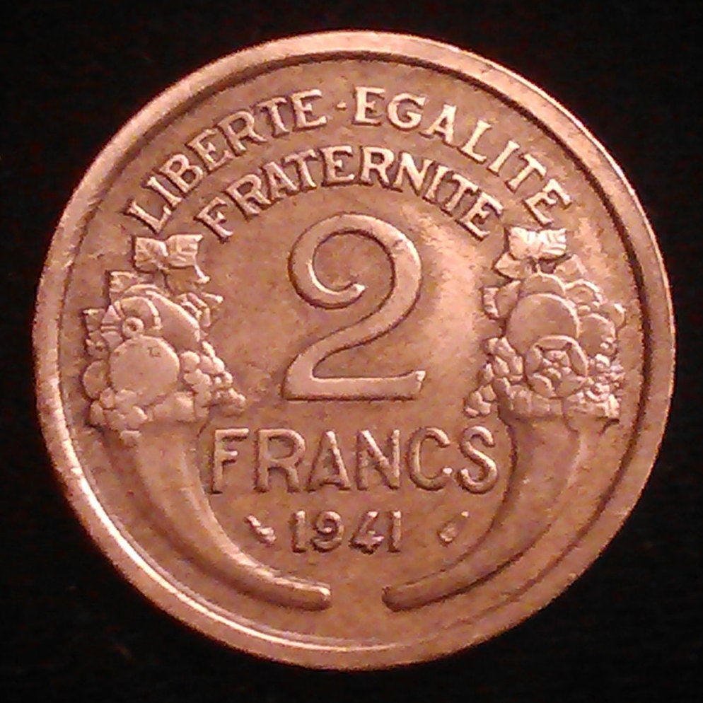 Antique Vintage 1941 French 2 Francs World Coin Republique