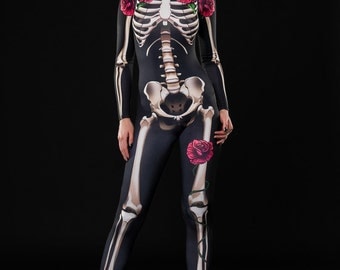 SKELETON GLAM Halloween Costume, Full Body Skeleton, Adult Skeleton Catsuit, Skeleton Jumpsuit, Black Catsuit, Halloween Costumes, Outfit