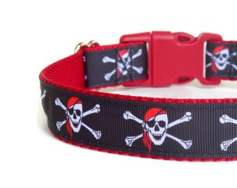 The Pirate-Dog Collar - Skull and Crossbones - Red and Black (Buckle or Martingale)