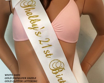 21st Birthday Sash, 25, 30, 35, 40, 50, 60, 75, Party Sash -GLITTER, SHOULDER ZAZZLE and matching bow by SashANation