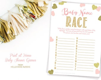 Pink and Gold Baby Shower Games Printable . Baby Name Race Game . Instant Download . Baby Shower Girl Game . Gold Glitter Hearts Confetti