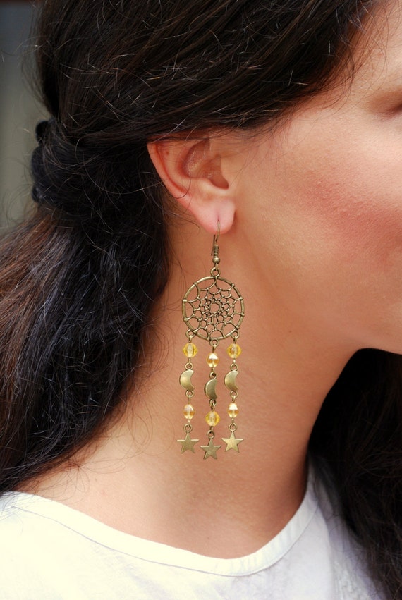 Dream Catcher Earrings DreamCatcher Gold Beads Hippie   Il 570xN.839909014 9qs6 