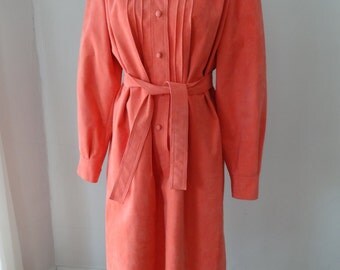 Vintage early 70s sz Large Nat Kaplan Couture belted faux suede coral dress from Naivette Shoppe Norfolk Virginia Beach