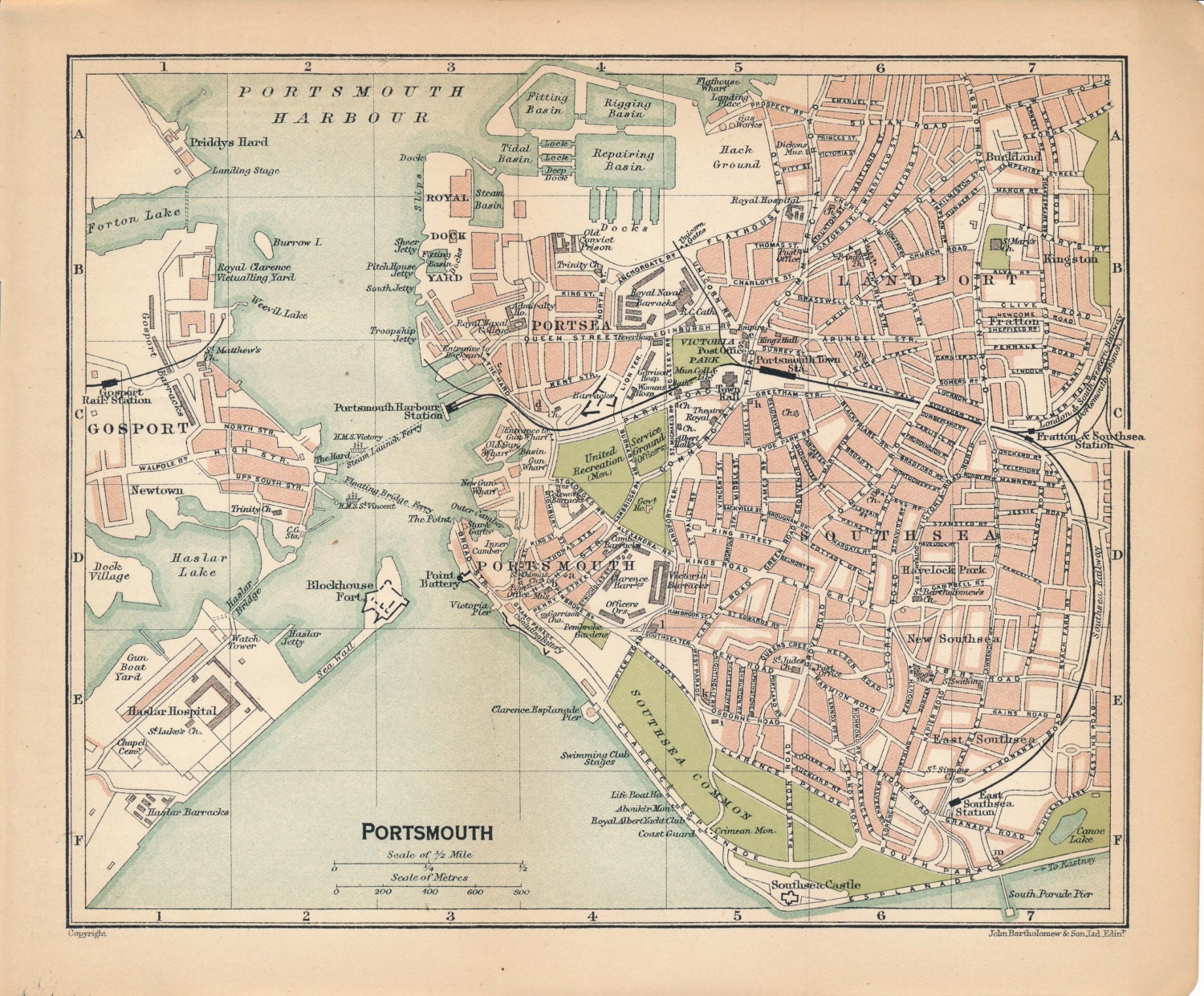 1920 Portsmouth United Kingdom Great Britain Antique map