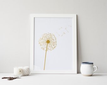 PRINTABLE Art Dandelion Print, Gold Foil Print, White and Gold, Dandelion Art, Gold Dandelion, White and Gold Dandelion, Flower Print