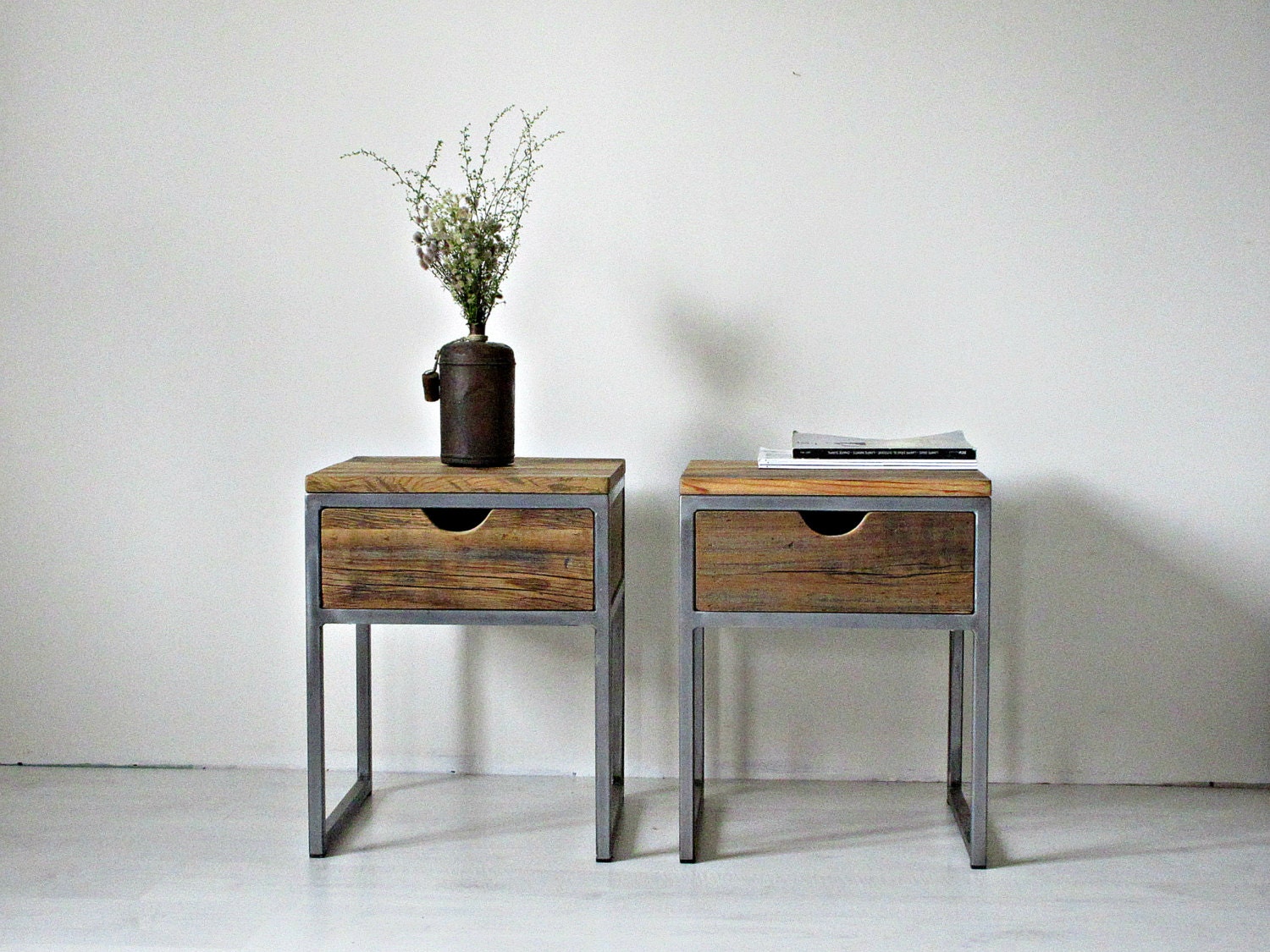 Industrial Bedside Table Wood and Steel Nightstand: Rustic Industrial Bedside Table Wood and Steel Nightstand: Rustic