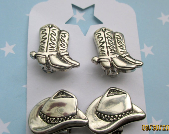 Silver Western Jewelry-Cowboy Hat Earrings-Cowgirl Boot studs-childrens clip on earrings-boot hat post-kids jewelry set-girls cowboy gifts-