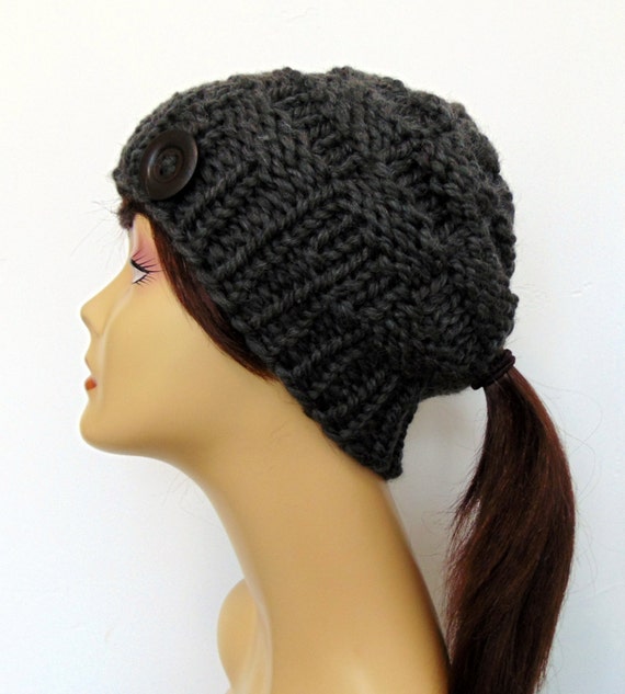 Chunky Knit Gray Ponytail Hat Beanie Pony Tail Hole