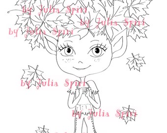 Digital Stamps, Digi stamp, Coloring pages, Autumn stamp Elf stamps, Fantasy, Scrapbooking. The Forest Dwellers Collection. Autumn Elf
