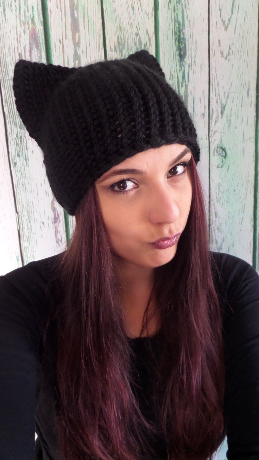 Knitted Black Cat Hat Kitty Hat Womens Gift Gift by TwistedOrKnot