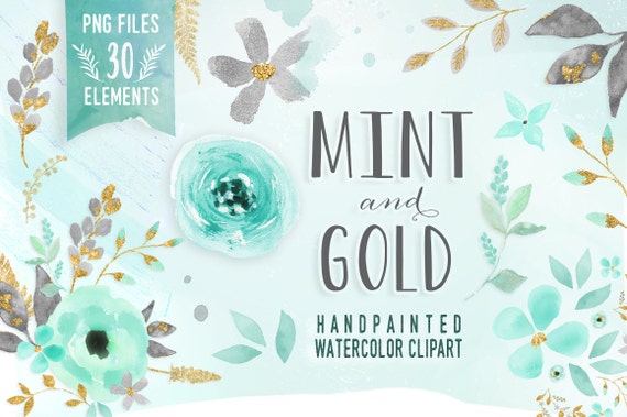 Download Mint and Gold Watercolor Mint Flower Clipart Wedding floral