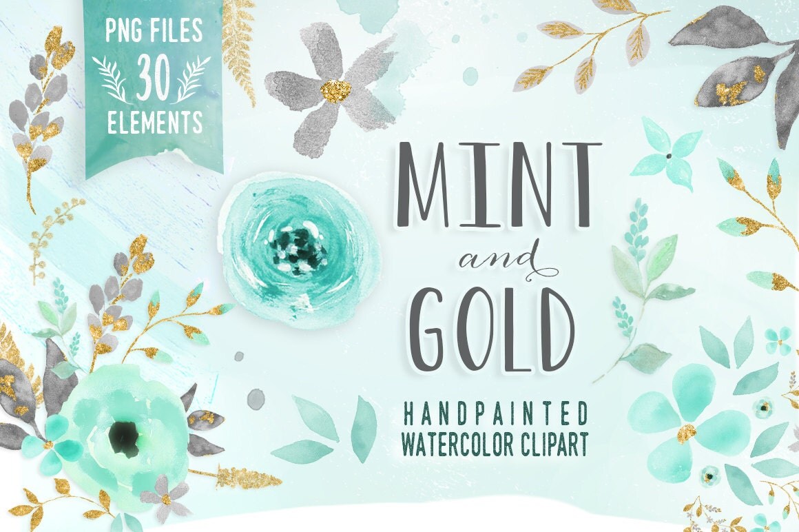 Download Mint and Gold Watercolor Mint Flower Clipart Wedding floral