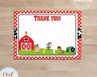 Farm Thank you card, Barn Note card, Old Mc Donald thank you note, barnyard animals, Printable Party supplies, Birthday Party Decorations