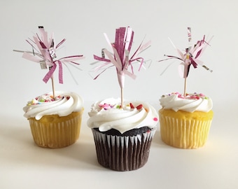 Cabernet, Blush & Silver Cupcake Toppers / Cake Toppers / Tissue Tassel / Set of 12 / Handmade / Bridal Shower, Baby Shower, etc.