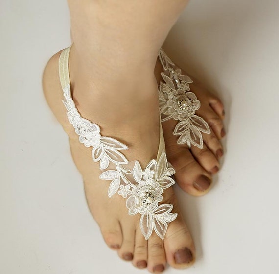Light Ivory Beaded Lace Wedding Barefoot Sandals by Kimsically