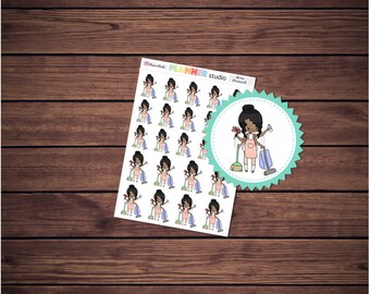 Housework Cleaning Chores Mi'Me Kawaii Chibi Girl African American Planner Stickers - Erin Condren Life Planner, Happy Planner & Filofax
