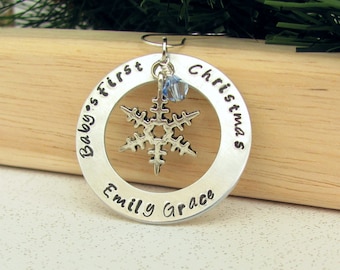 Baby's First Christmas Ornament - Hand Stamped - Snowflake Charm - Washer