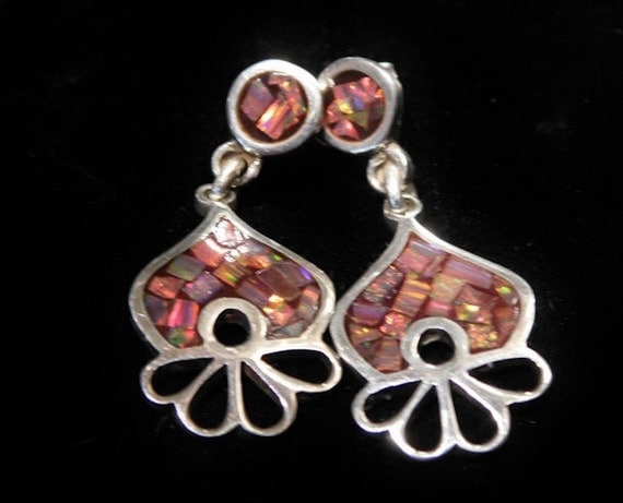 Mexican Fire Opal Earrings Crushed Fire Opal Earrings Sterling Silver MEX 950 Pierced Earrings Vintage Dangle and Drop Earrings Mexico