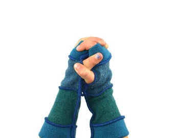 Kids Arm Warmers in Dark Ocean Blues - Segmented Sleeves - Recycled Sweaters