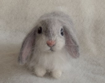 Needle Felted Lop Eared Baby Bunny Rabbit, Grey Angora, Luxury Pet