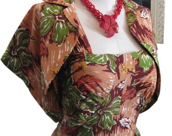 2 pc Hawaiian Vintage Rayon Floral Tropical 40's 50's Designer Malihini Hawaii Dress w Matching Bolero Jacket